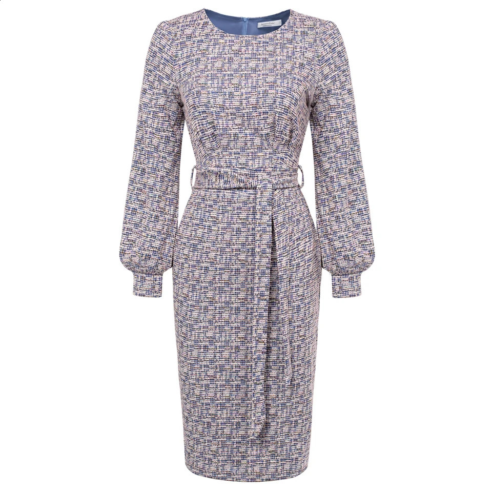 Womens Causal Tweed Dress OL Long Sleeve Crew Neck Back Slit Bodycon Dress Slim Fit Ladies Elegant Mid-calf Zip Up Long Skirt 240824