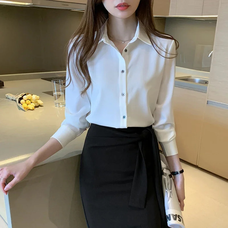 Satin Women Shirt OL Fashion Long Sleeve Blouse Woman Casual Shirts White Shirt Womens Tops Solid Basic Shirts and Blouses 240823