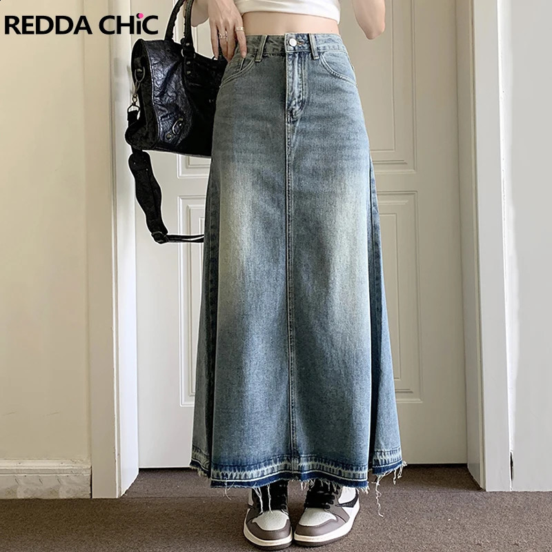 REDDACHiC Y2k Raw Edge Stitch Maxi Denim Skirt Plain Casual High Waist Long Jeans Skirt Korean Dongdaemun Retro Women Streetwear 240823