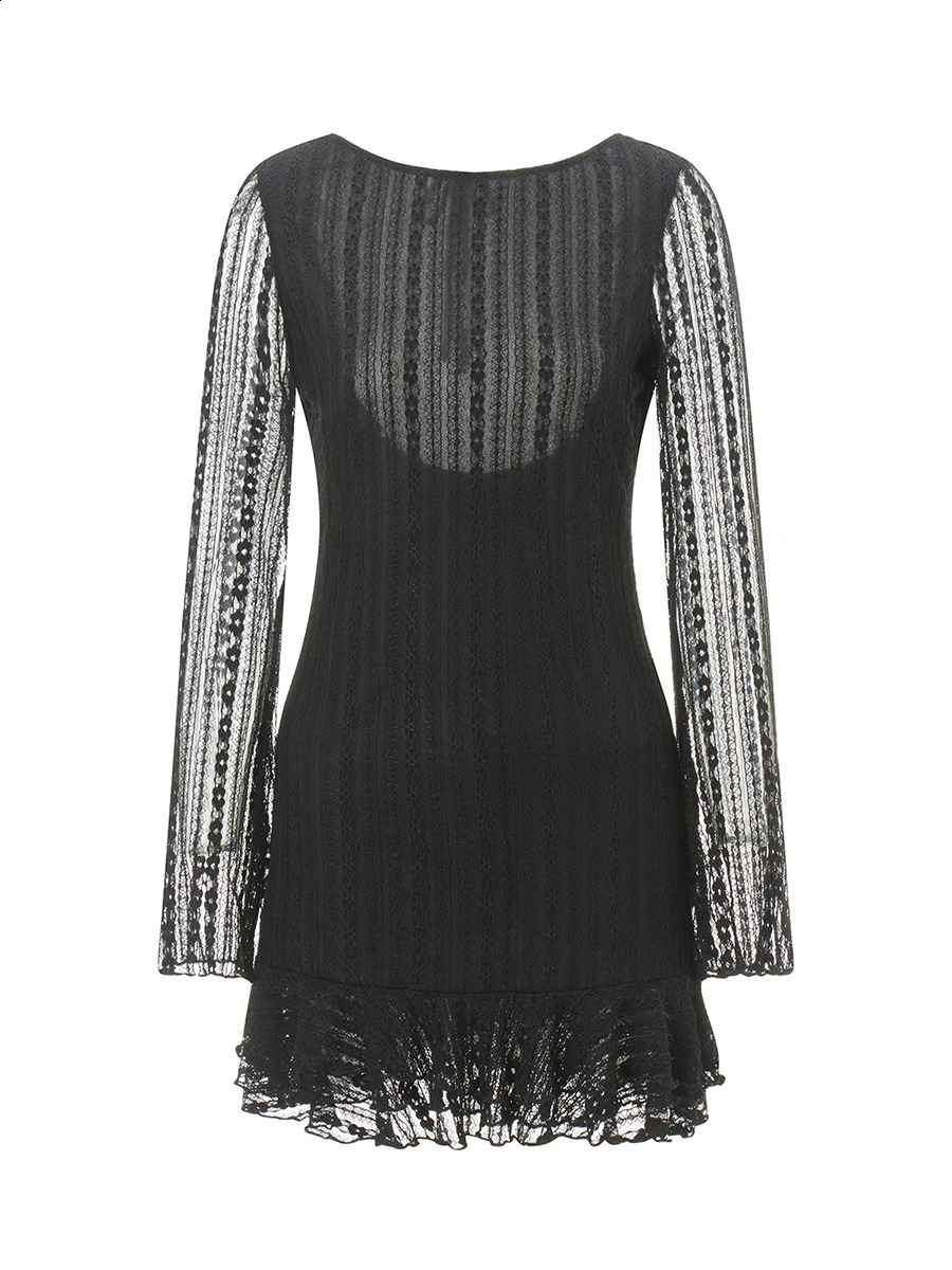 Fashion Vintage Women Long Sleeve Open Back Lettuce Trim Solid Color Short Dress Lace Mini Dress Sexy Clubwear vestidos 240823