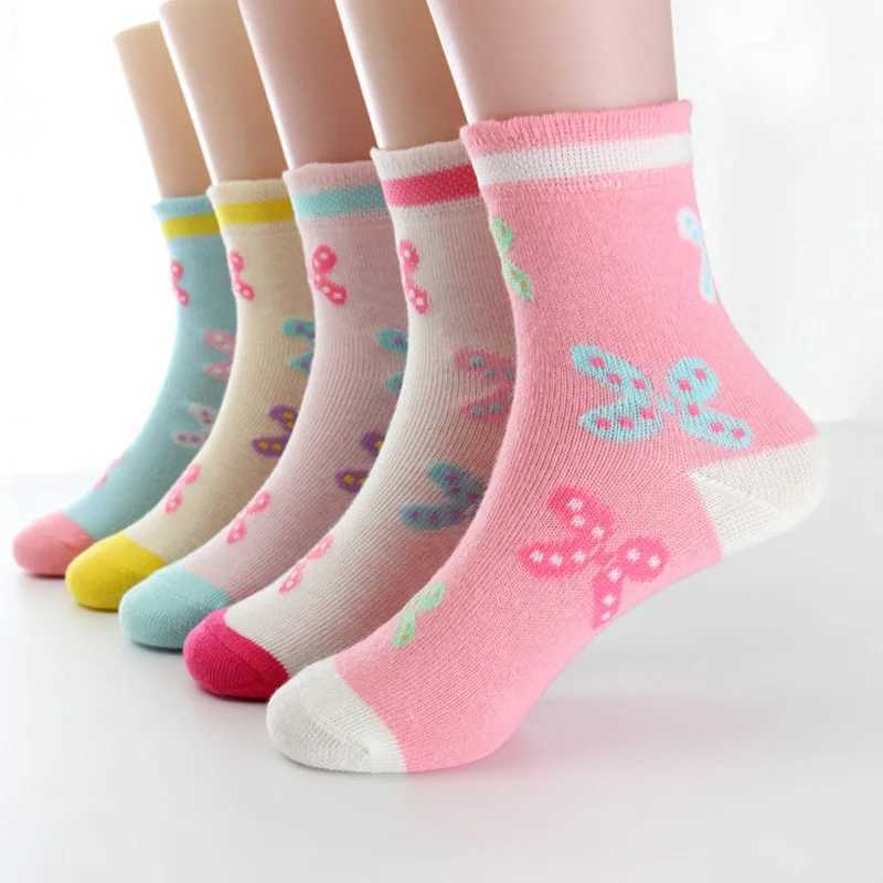 5 Pairs/Lot Spring Autumn High Quality Girls Socks Cotton Butterfly Candy Color Socks For Girls 3- 12 Year Children Socks CL240824