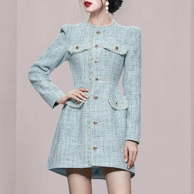 Blue womens long sleeved tweed dress autumn/winter small fragrant style waist cinching temperament tassel dress 240824