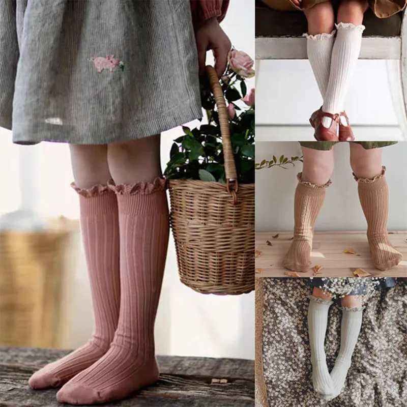 Ruffle Kids Knee High Socks Baby Girls Toddlers Long Soft Cotton Sock Lace Flower Children Princess Uniform Socks For 0-8 Years CL240824
