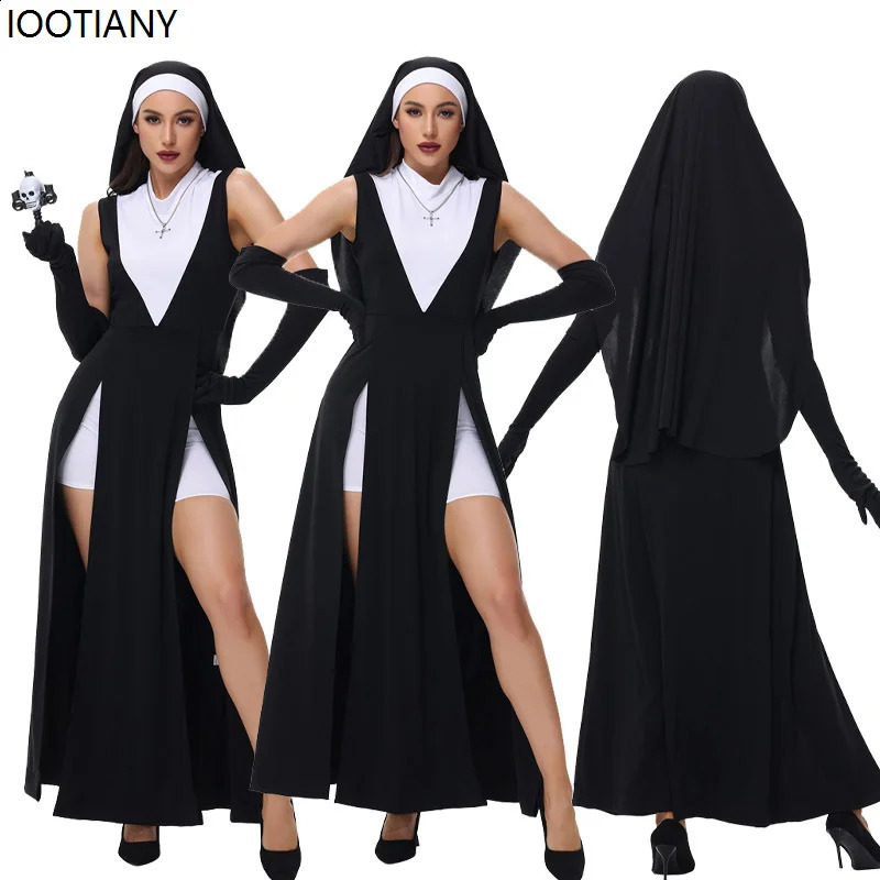 Womens sexy Nun roleplaying costumes and headwear Halloween adult stage display dress up theme party makeup fancy 240823