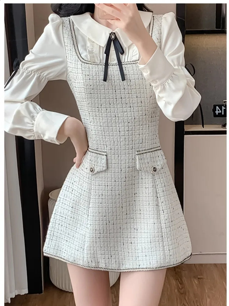 French Vintage Patchwork Short Dresses for Women Long Sleeves Tweed Korean Birthday Party Evening Dresses Autumn Spring Vestidos 240824