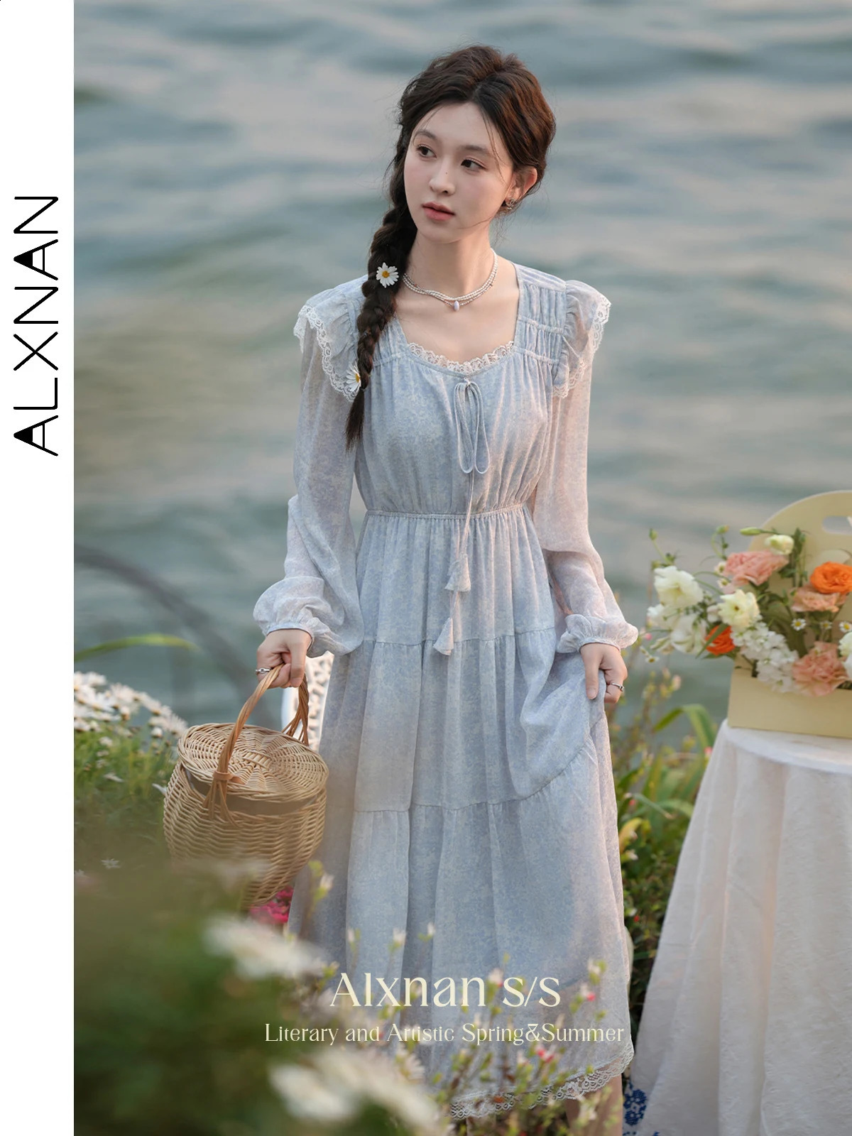 ALXNAN Women Spring Frenchy Ditsy Floral Tierred Dress Female Chic Lace Trim Long Sleeve Elastic Waist Dresses Woman L33762 240824