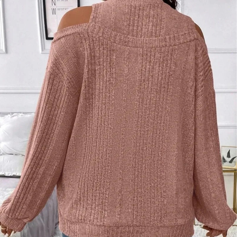 Womens Autumn Winter Solid Round Neck Off Shoulder Paisley Flared Long Sleeve Sweater Knitted T-shirt Office Lady Loose Tops 240824