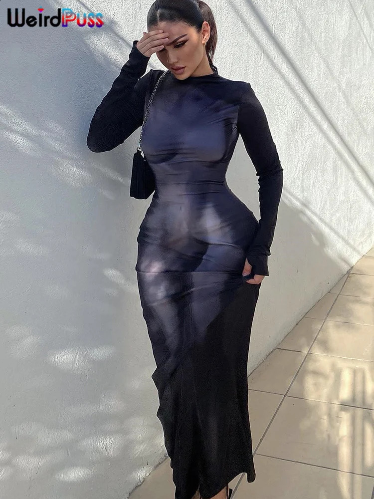 Weird Puss Body Print Maxi Dress Women Sexy Aesthetics Long Sleeve Turtleneck Skinny Bodycon Streetwear Elastic Party Clubwear 240823