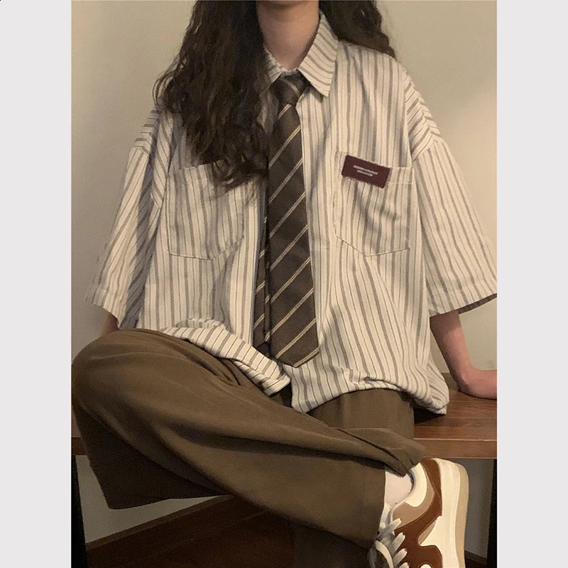 Zoki Vintage Striped Women with Tie Blouses Harajuku Oversized Loose Preppy Tops Japanese Summer Fashion Long Sleeve Shirts 240823