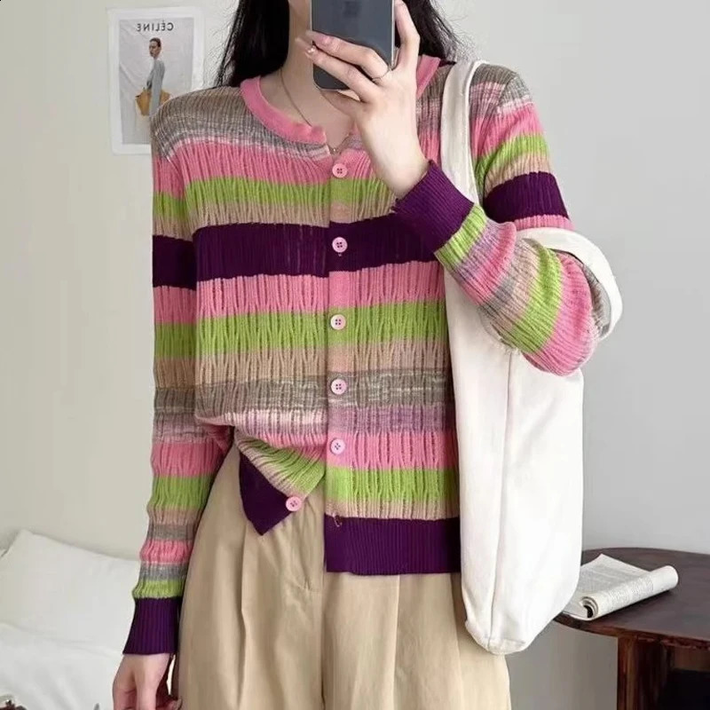 Womens Clothing Spring Autumn Rainbow Striped Patchwork Sweet Chic Knitted Cardigan Casual V Neck Long Sleeve Slim Sweater Coat 240824