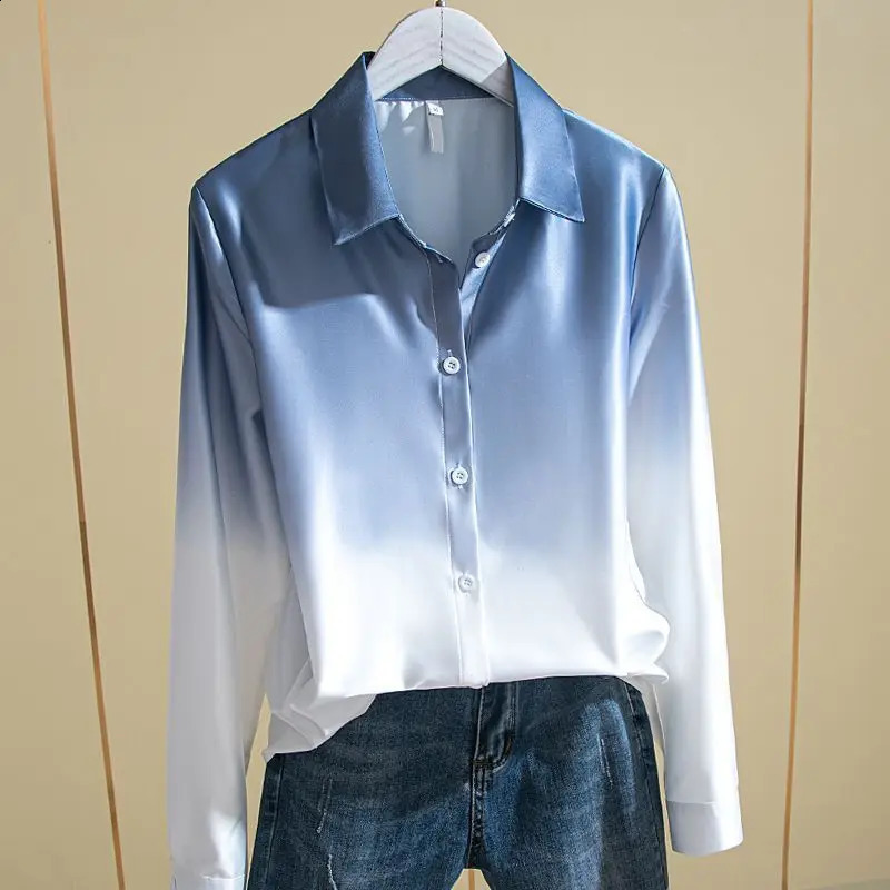 Womens Spring Autumn Fashion Polo-Neck Button Loose and Slimming Long Sleeved Personalized Gradient Western-style Shirt Top 240823