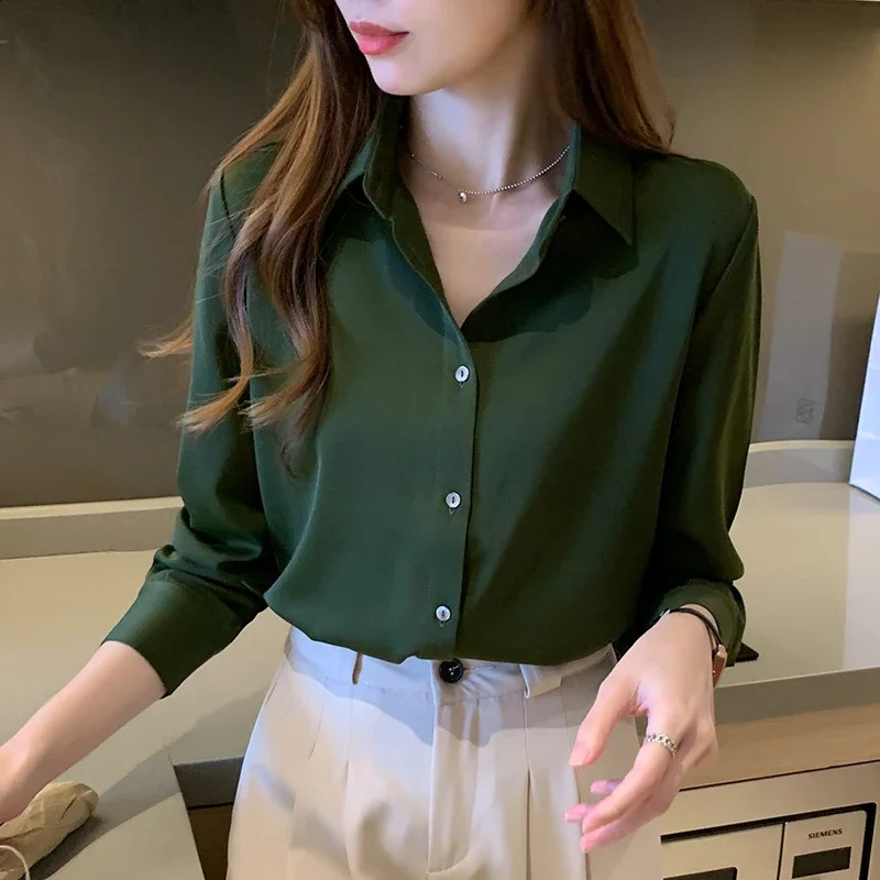 Satin Women Shirt OL Fashion Long Sleeve Blouse Woman Casual Shirts White Shirt Womens Tops Solid Basic Shirts and Blouses 240823
