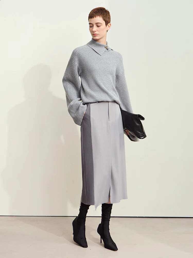 Amii Minimalism Knitted Cozy Pullover for Women Autumn Lazy Lapel Drop Sleeve Metal Buckle Strip Loose Sweater 12423046 240824