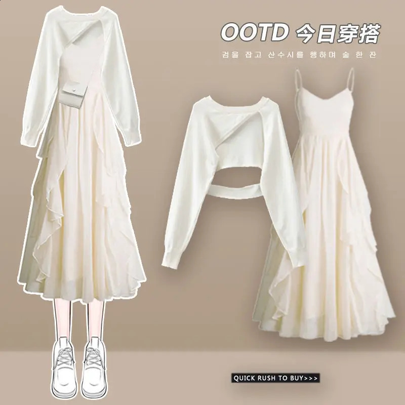 Womens Autumn Fashion Dress Matching Set Korean Elegant Short Irregular Long Sleeve TopStrap Skirt Two Piece Suit 240823