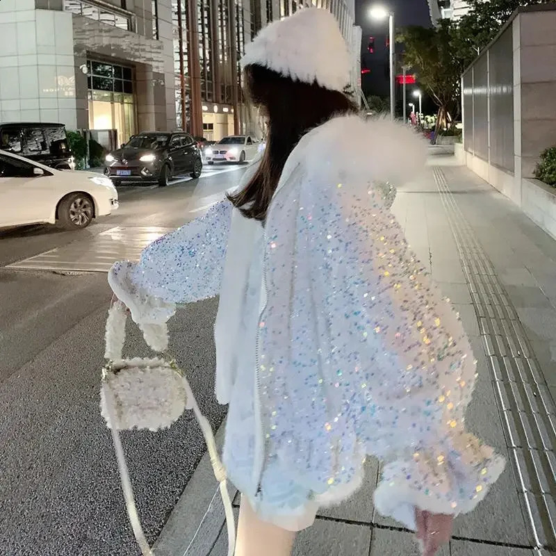 Womens Parkas Fashion Korean Winter Thick Glitter Solid Zipper Loose Full Sweet Keep Warm Girl Small Fresh 240823