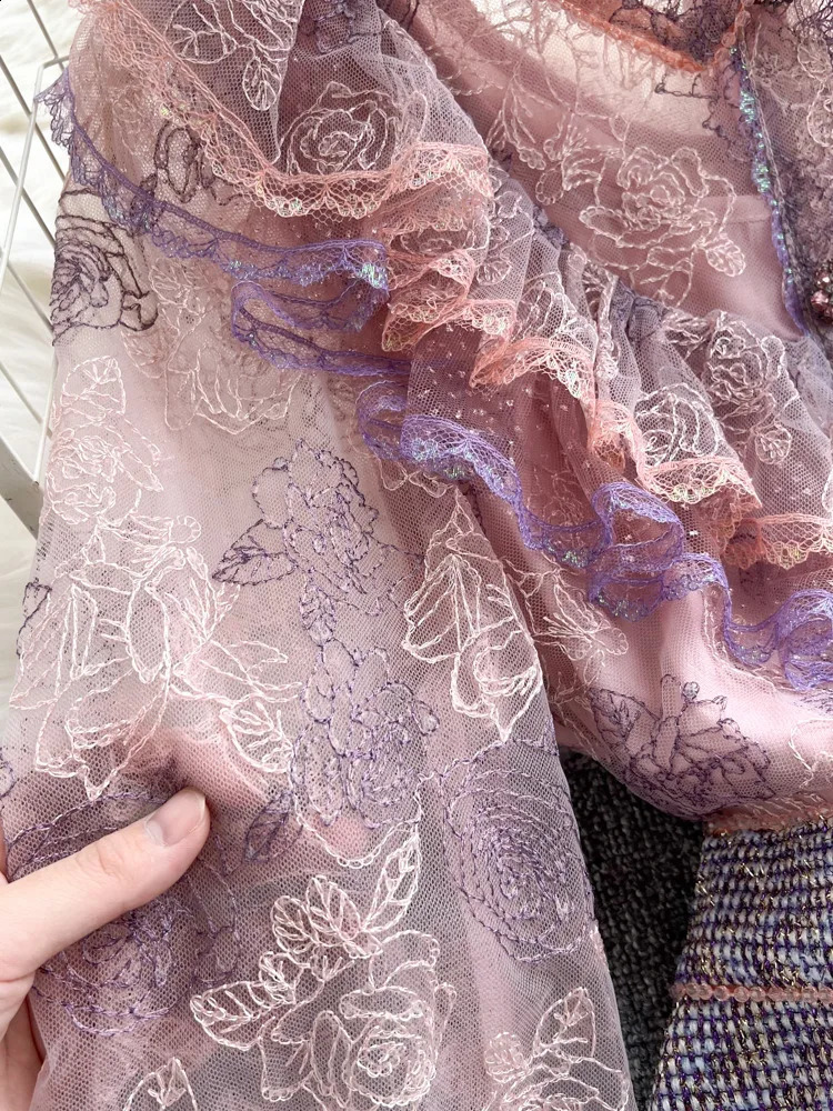Autumn Sweet Pink Lace Mesh Embroidery Ruffles Patchwork Tweed dresses for Women elegant See Through Long Sleeve Party Vestidos 240824