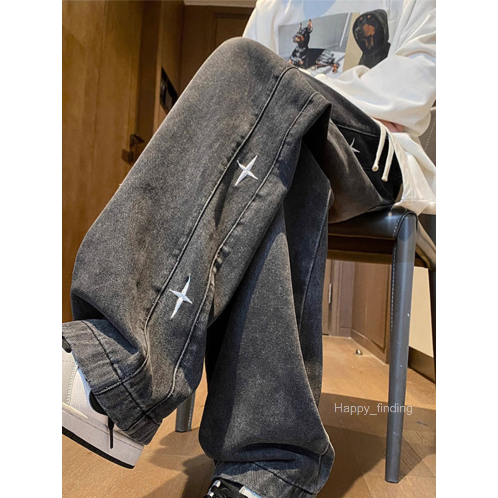 American Hip Hop Star Embroidered Jeans Mens Spring and Autumn New Loose Straight Leg Pants Trendy Brand