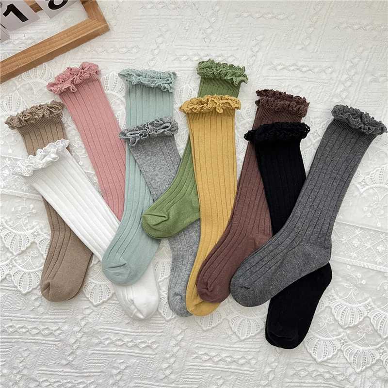Ruffle Kids Knee High Socks Baby Girls Toddlers Long Soft Cotton Sock Lace Flower Children School Uniform Socks For 0-8 Years CL240824