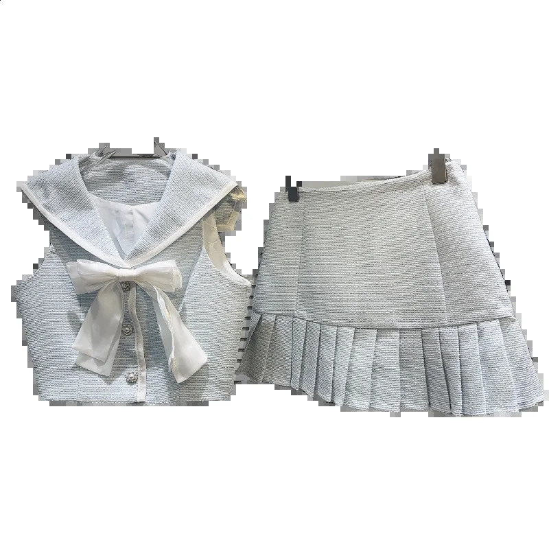 DEAT Summer Collection Tweed Bow Sailor Collar Vest High Waist Pleated Skirt Two-pieces Sets For Women Fashion 11XX9311 240823