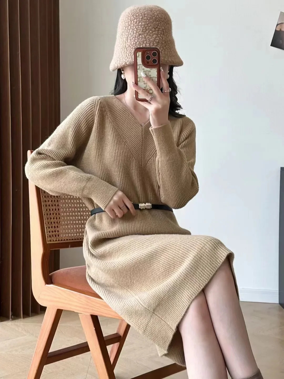 Party Temperament Slim Tweed Long Sleeved Woman knit Dress Vintage V-Neck Overknee Maxi Dresses for Women Vestidos Winter 240824