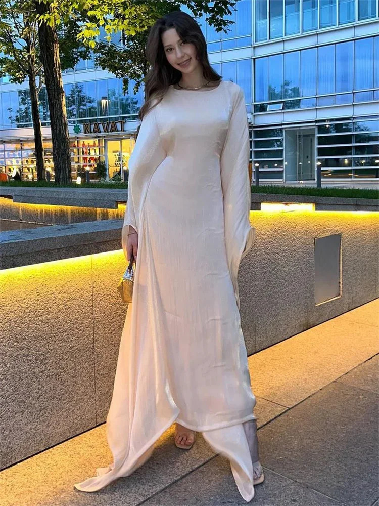 Tossy Autumn Loose Shiny Maxi Dress Womens Butterfly Batwing Long Sleeve Muslim Clothes Party Dress Solid Female Long Dress 240824