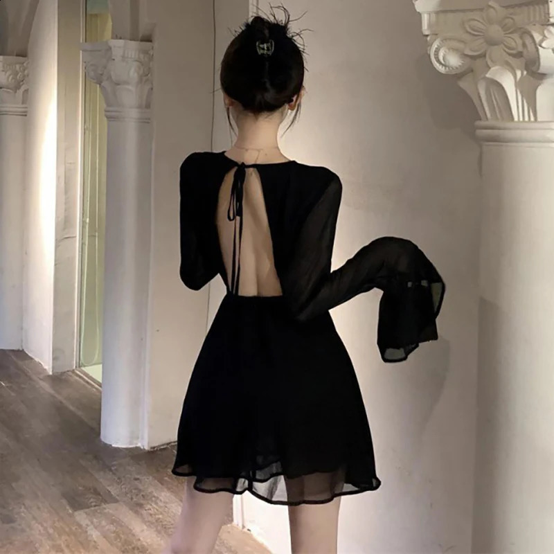 Backless Black Dress Women Elegant Back Hollow Out Lace-up Long Sleeve Mesh Patchwork Sexy Slim Ruffle Mini Dress Party 240823