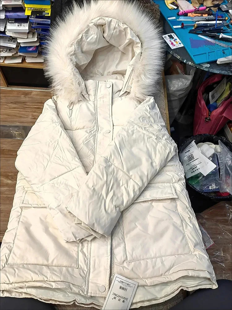 Winter Slim Pink Padded Coat Faux Fur Collar Hooded Parkas Korean Big Size Cotton Jaqueta Waist Drawstring Midi Lenght Jackets 240823