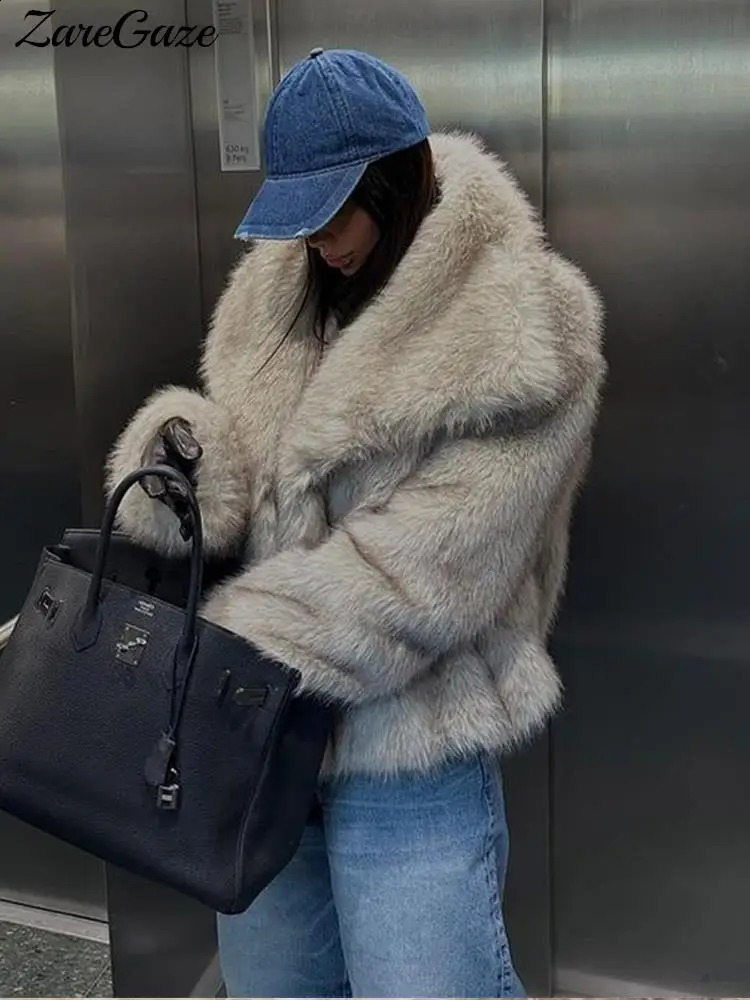 Womens loose long sleeved fluffy warm coat with artificial fur collar womens winter y fashion street clothing 240824
