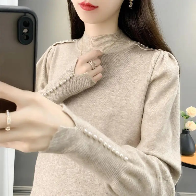 Half-turtleneck Beaded Sweater Womens Base Layer Autumn and Winter Pullover Puff Sleeve Knit Top 240824