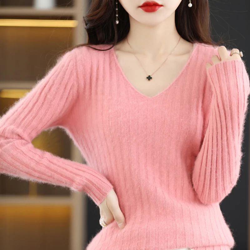 100% Mink Cashmere Womens Sweater Knitted Long Sleeve Pullover V-neck Slim Fit Undercoat Soft Fashion Womens Top 240824