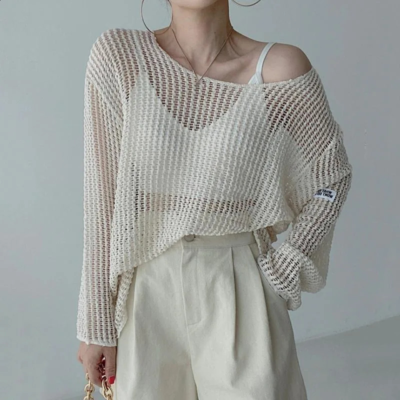 Deeptown Vintage Y2K Knitwear White Womens Sweater Hollow Out Knit Oversize Spring Korean Fashion Pullovers Streetwear Casual 240824