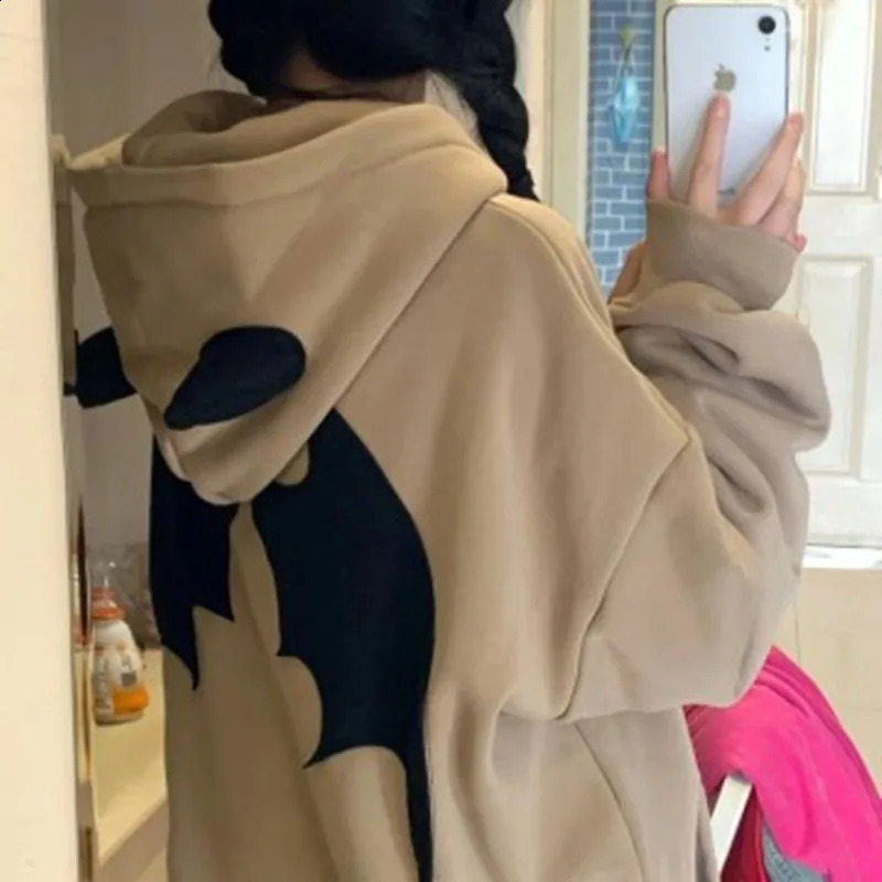 American Retro Little Devil Embroidered Zipper Hoodie Women Y2K Street Fashion Trend Joker Sweatshirt Couple Casual Loose Hoodie 240824