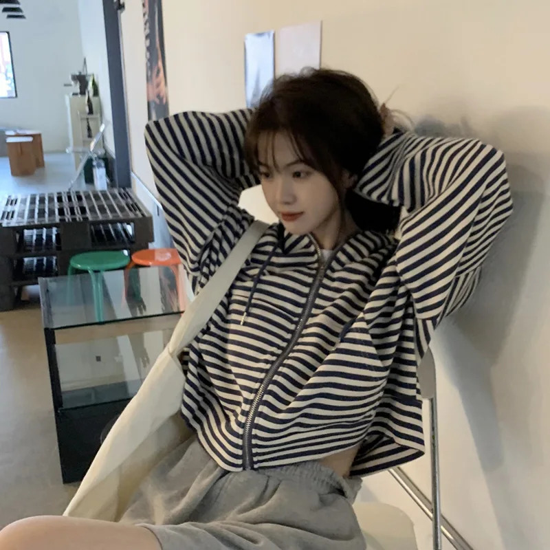 Striped Casual Loose Long Sleeve Zipper Womens Hooded Sweatshirts Korean Fashion Female Hoodies Autumn Sweater Streetwear Y2k 240824
