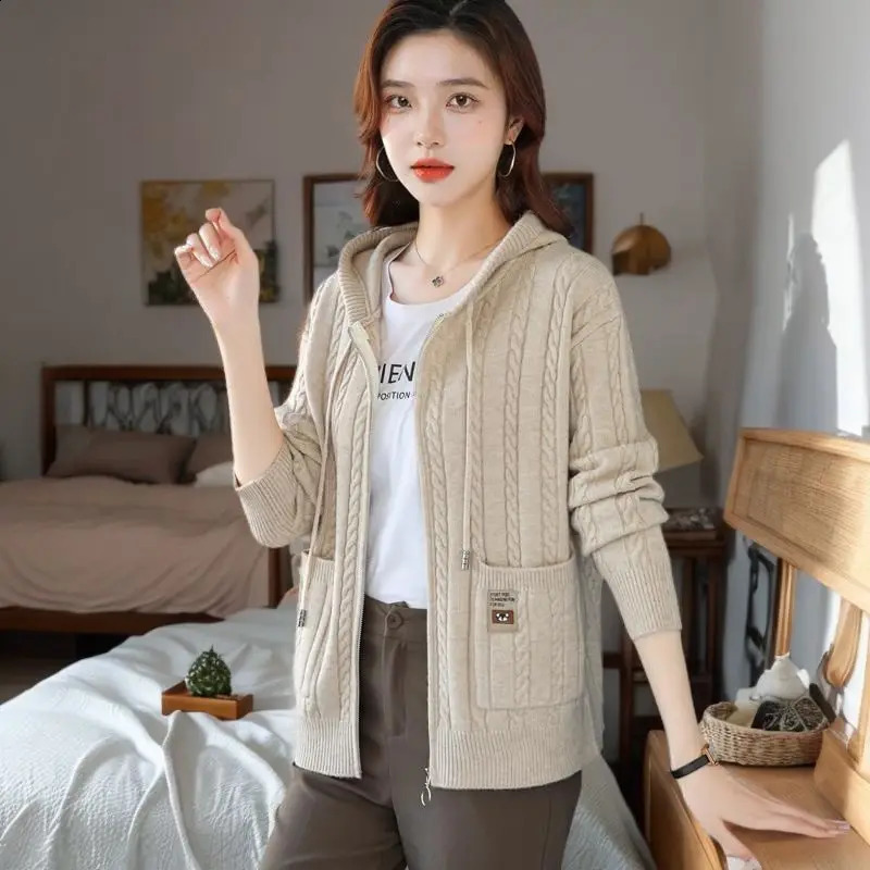 Spring and Autumn Sweaters Hooded Knitwear Fashionable Style Slimming and Loose Zipper Knitted Cardigan Jacket 240824