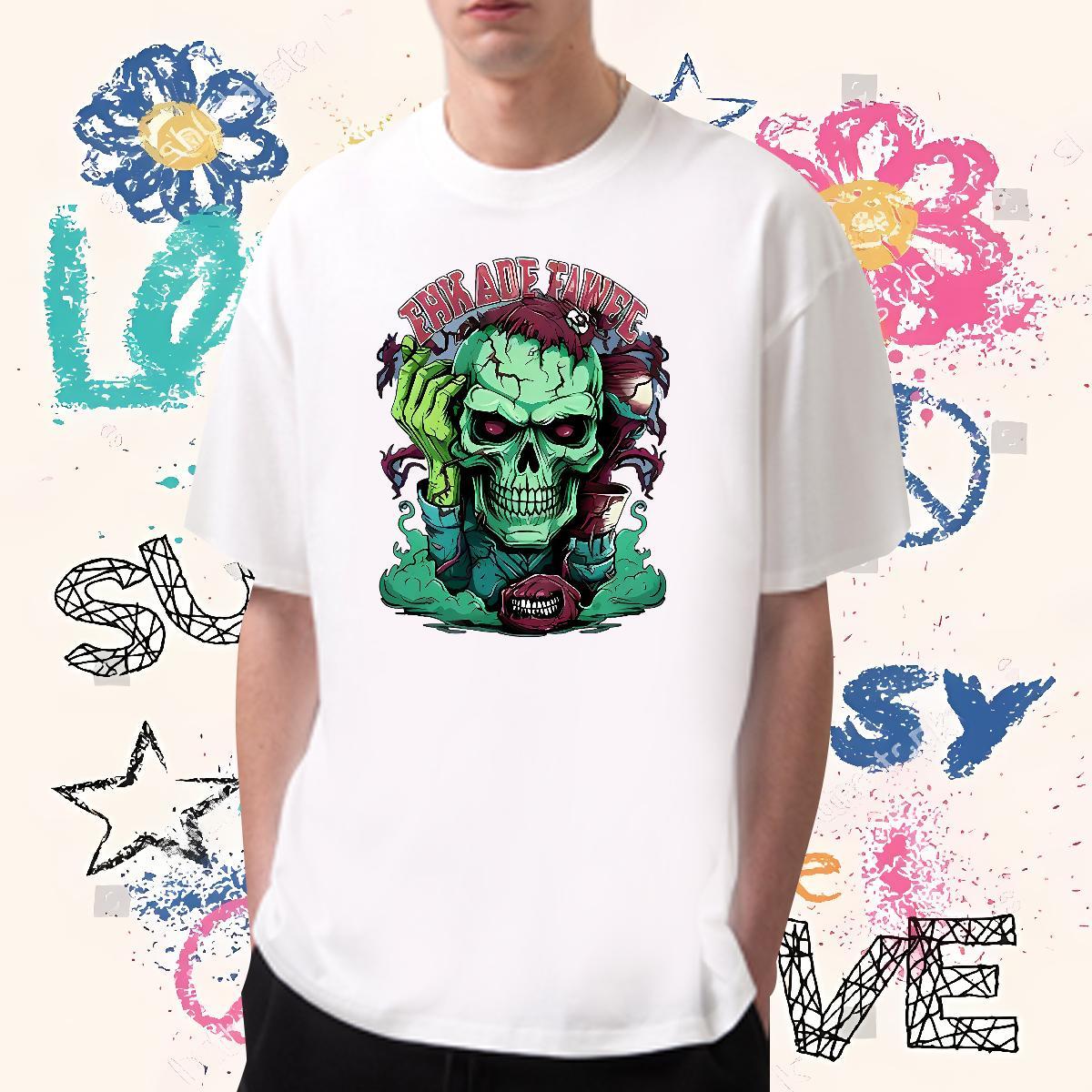 Popular T shirt 100% Cotton 230g skull Street Casual Black Oversized Short Sleeve O-Neck Mens Tshirts Fashion Design Tops Shirt
