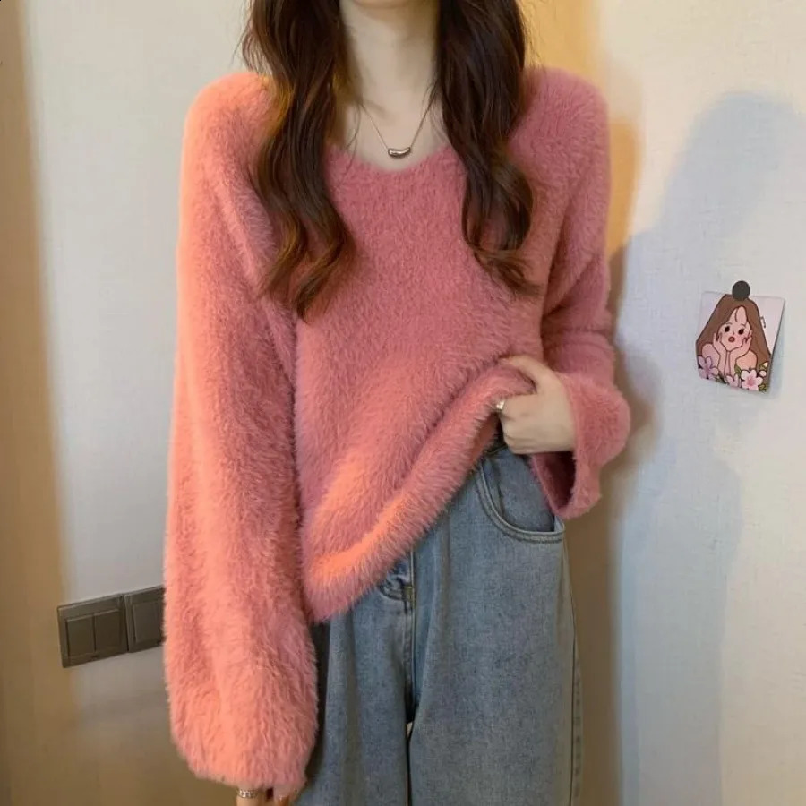 Knitted Sweater Korean Fashion Women Preppy Mink Hair Pullover Autumn Winter Casual Loose Sweet Top Long Sleeve Warmth Knitwear 240824