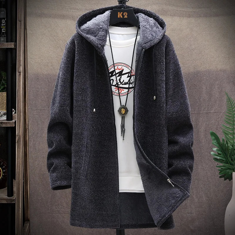 Long hooded wool cardigan mens winter thick warm velvet sweater knitted solid jacket zipper 240824