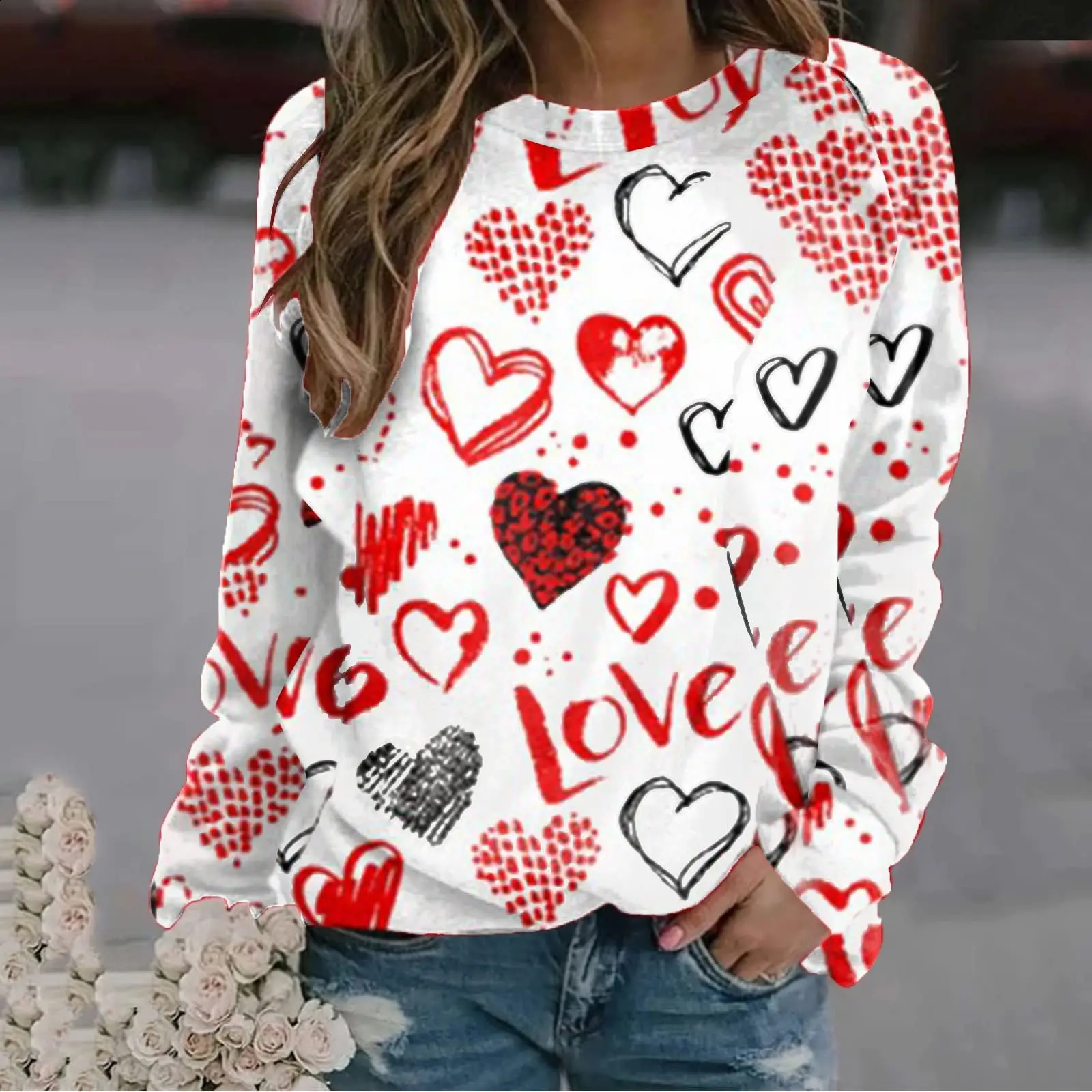 Womens Casual Sweatshirt 3D Love Print Long Sleeve Round Neck Loose Autumn Pullover Fashion Versatile Womens Hoodie 240824