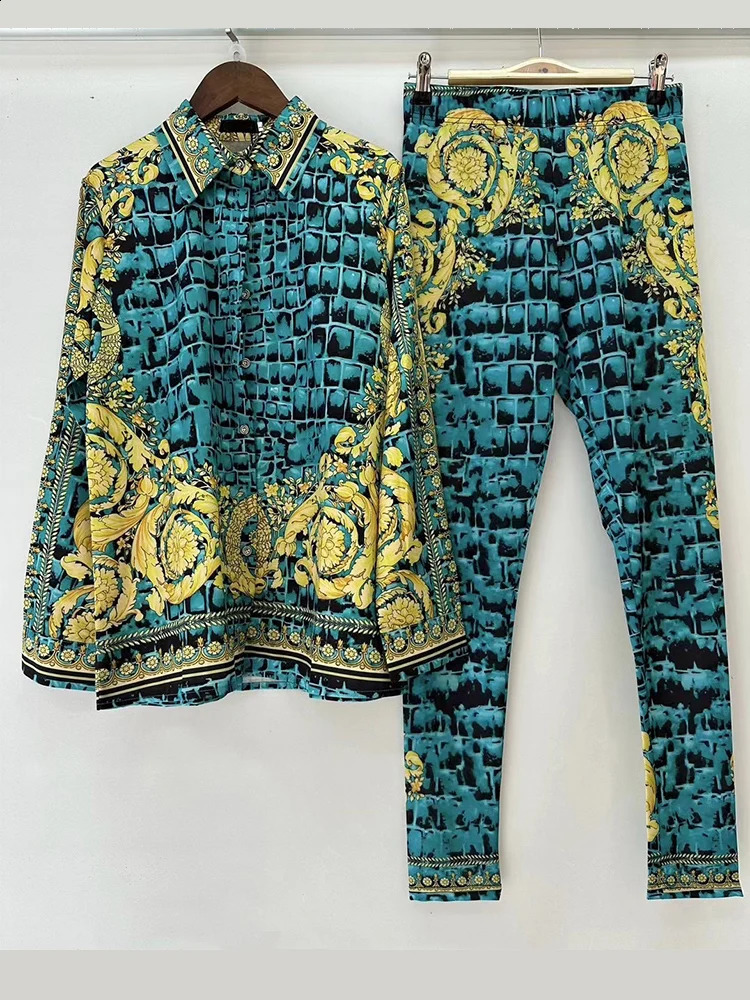 Retro geometric print lapel loose shirt two-piece set 2024 summer womens elastic waist elastic tight pants fashion set 240824
