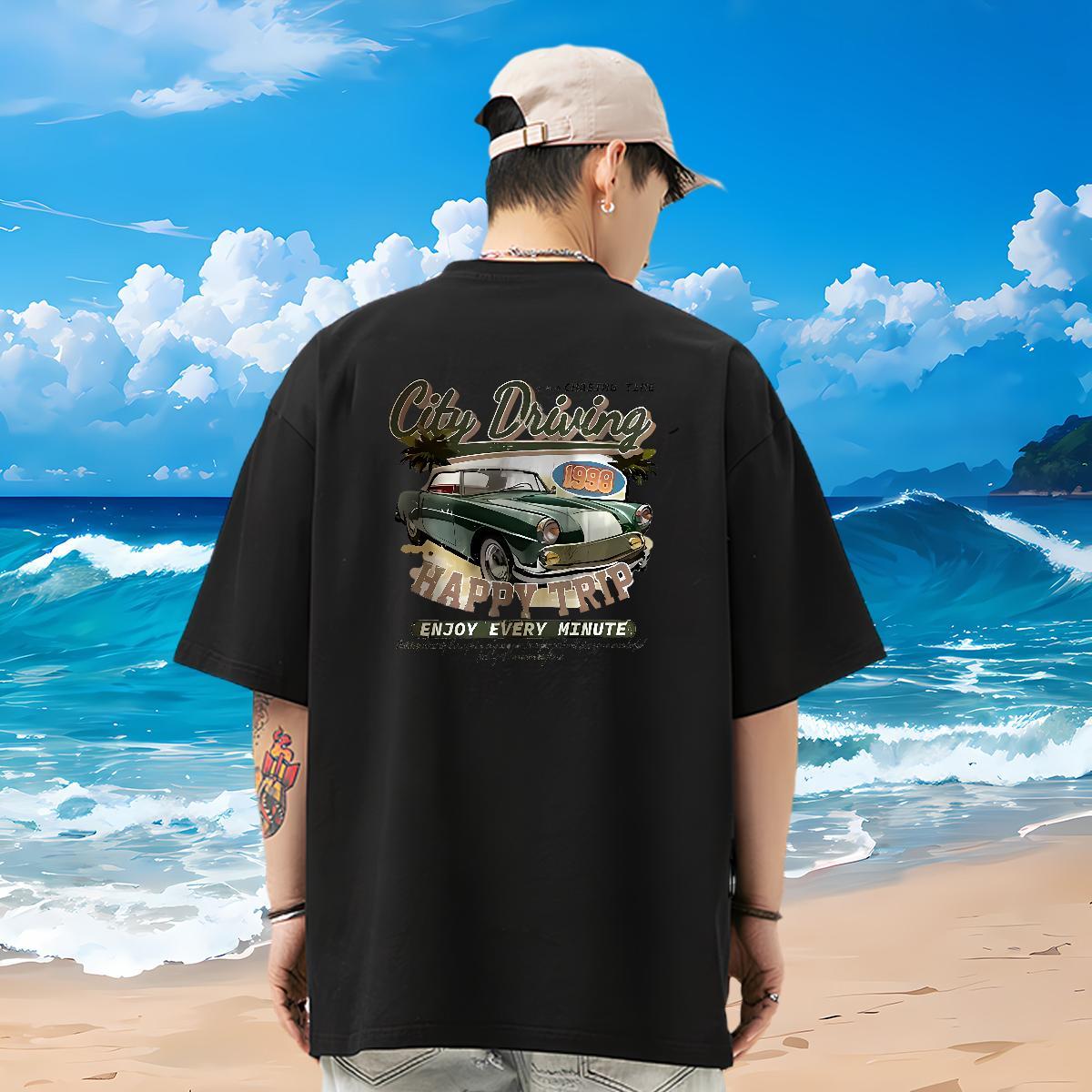 Customized Tshirts happy trip Daily Outfit 100% Cotton 230g Wear Breathable Crew Neck Unisex T Shirts Men Graphic