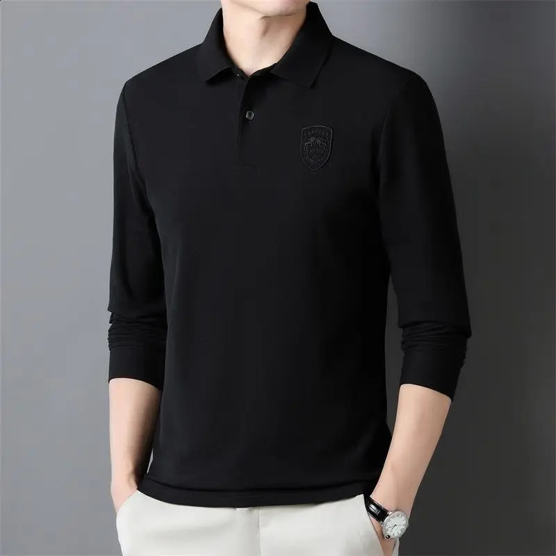 Spring Mens Fashion Versatile Pure Cotton Polo Collar Printed Long Sleeve Shirt Autumn Multi Color Business Casual Top 240824