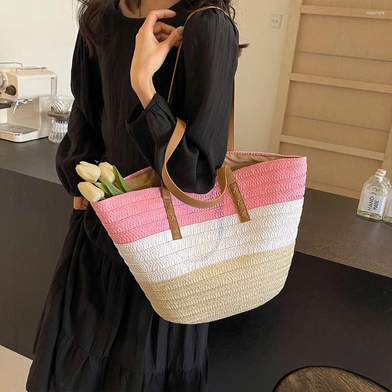 2025 NEW Shoulder Bags Women's Hand-Woven Bag Striped Woven Travel Handbags Summer Ladies Straw Weaving Tote Large Capacity Beach zhanyishengli