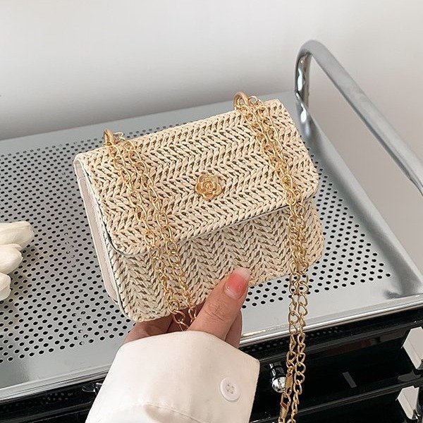 Straw woven bag woven bag lid type sewing thread shoulder bag chain small square bag