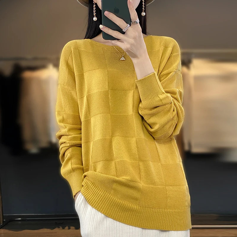 Autumn Winter Women 100% Cotton Soft Sweater Round Collar Square Pattern Pullover Loose Fashion Knitwear Casual Base Top 240824