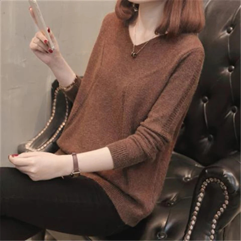 Autumn Winter Casual V-neck Solid Button Basic Knitted Sweater Women Korean Style Long Sleeve Loose Pullover Top Female Clothing 240824