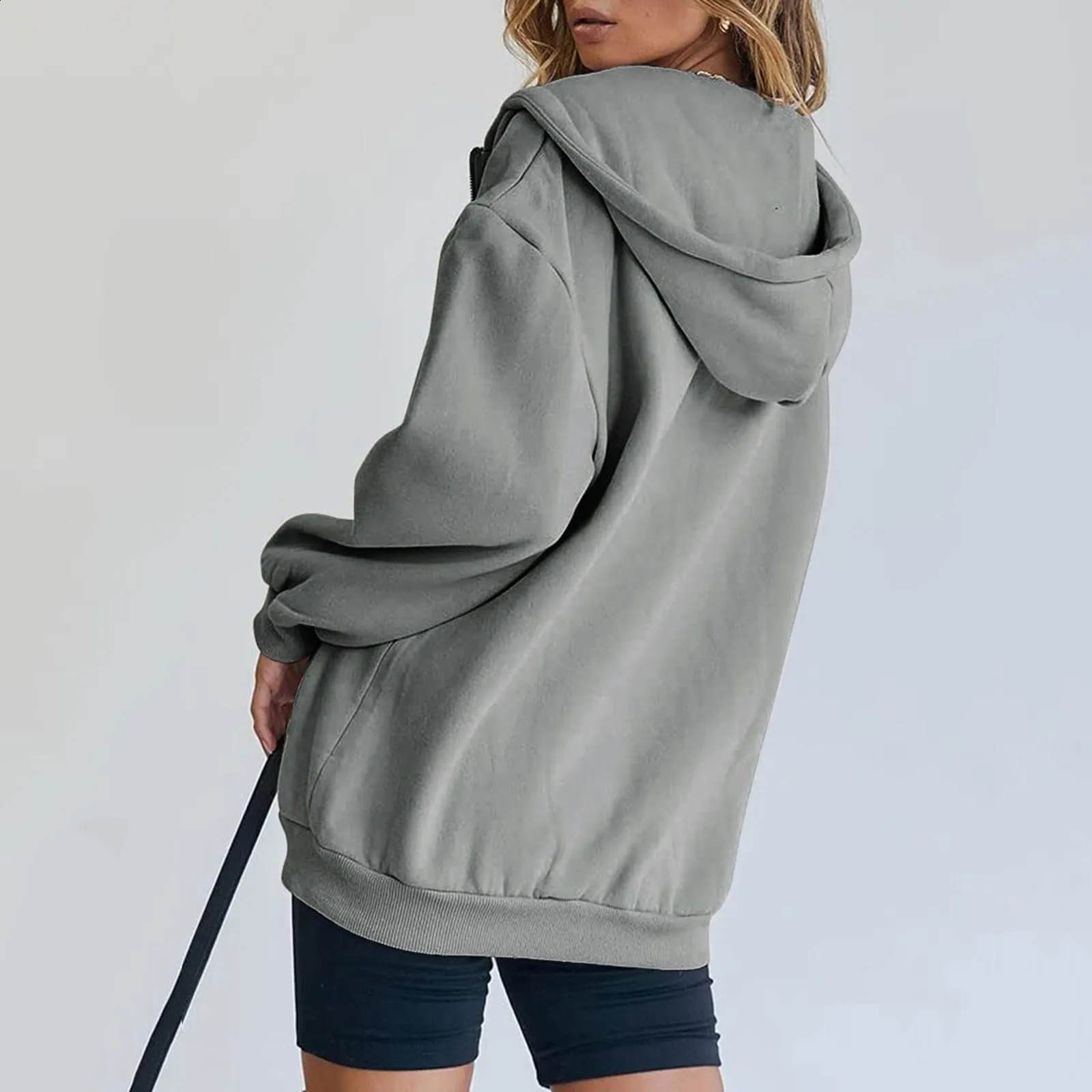 Zipper Cardigan Sweatshirt Autumn Winter Casual Solid Long Sleeve Hooded Coat Female Loose Casual Thickened Fashion Warm Tops 240824