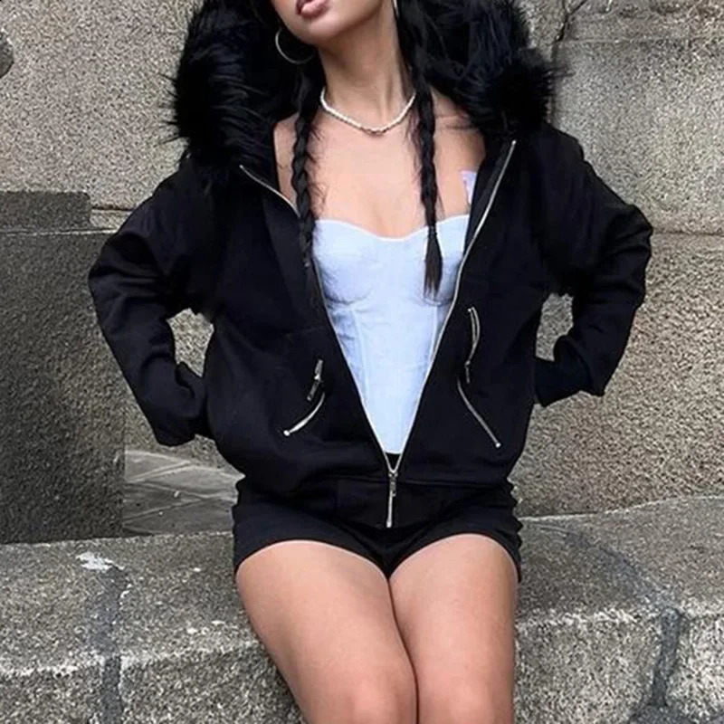 Vintage Fashion Zip Up Women Sweatshirts Casual Fur Collar Hoodies Chic Streetwear Aesthetic Pockets Cardigans 240824