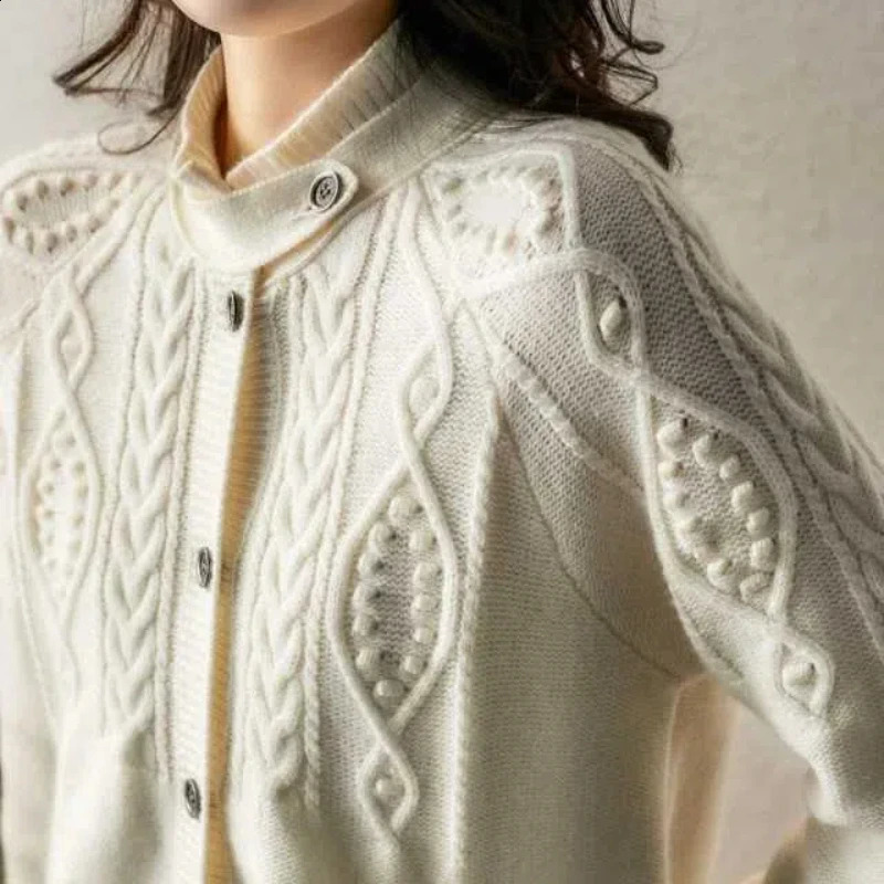 Womens Half High Collar Screw Thread Solid Color Button Lantern Long Sleeve Cardigan Sweater Knitted Coats Autumn Winter Tops 240824