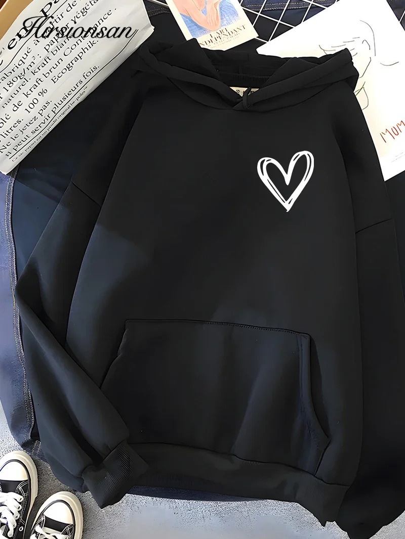 Hirsionsan Simplic Heart Print Women Sweatshirt Soft Casual Loose Vintage Female Hoodies Winter Warm Fleece Student Tops 240824