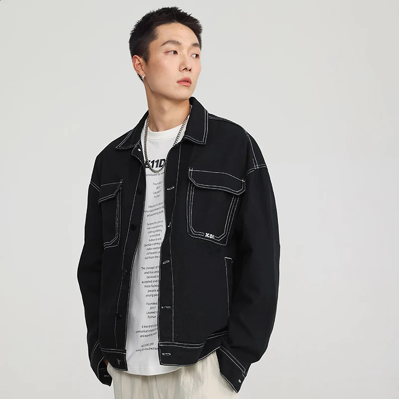 contrasting color drop shoulder denim jacket mens black and white fashionable large pocket couple Harajuku Plus size M5XL 240824